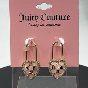 Juicy Couture Gold Tone Pink Enamel Checkered Heart Safety Pin Drop Earrings NWT